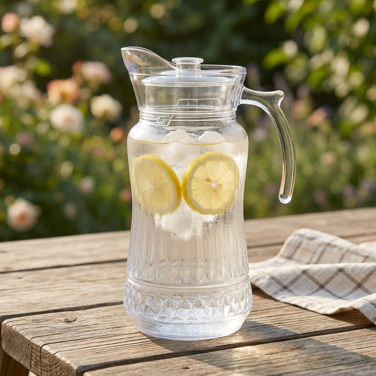 Clear pitcher of lemon water on a wooden table outdoors with flowers and fruit in the background