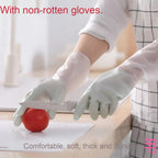 Person wearing white gloves cutting a tomato with text about the gloves' comfort and durability.