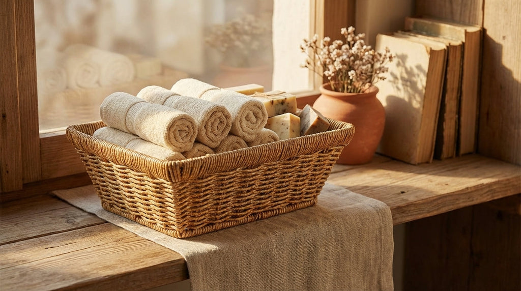 Wicker basket with rolled towels on a wooden shelf with books and a plant.