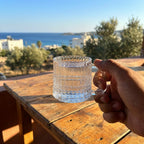 Hand holding a glass of water with a scenic view of the ocean and buildings in the background.