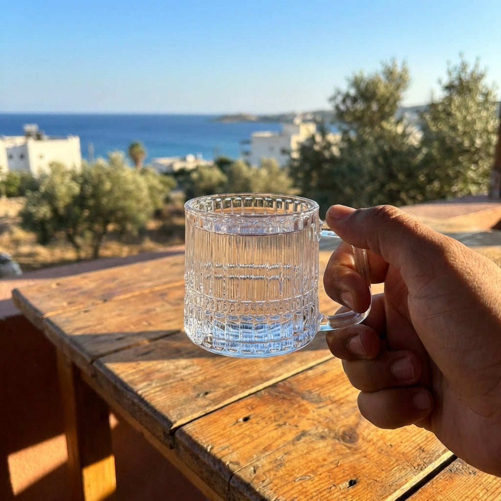 Hand holding a glass of water with a scenic view of the ocean and buildings in the background.