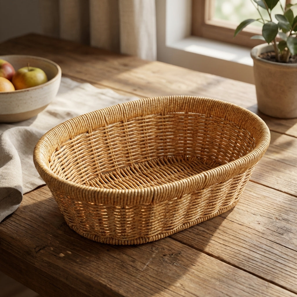 Woven basket on a wooden table with a bowl of fruit and a plant in the background.