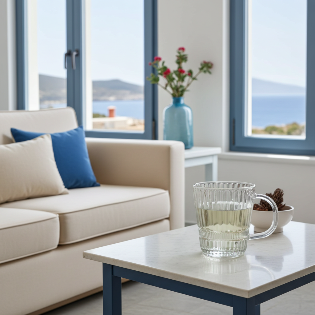 Modern living room with a beige sofa, coffee table, and scenic window view.
