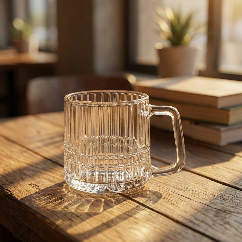 Clear glass mug on a wooden table with a blurred indoor background