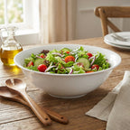 White bowl of salad on a wooden table with utensils and a window in the background