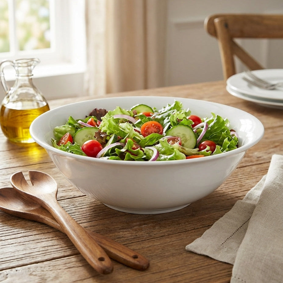 White bowl of salad on a wooden table with utensils and a window in the background