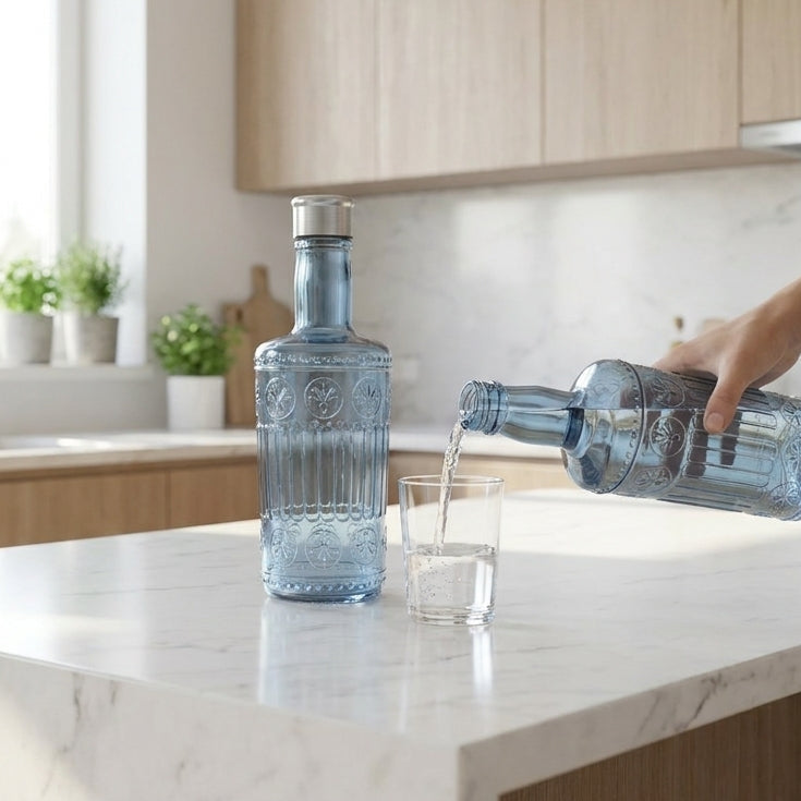 Person pouring water from a bottle into a glass in a kitchen.