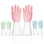 Set of three pairs of gloves with pink, green, and blue color variations on a white background.