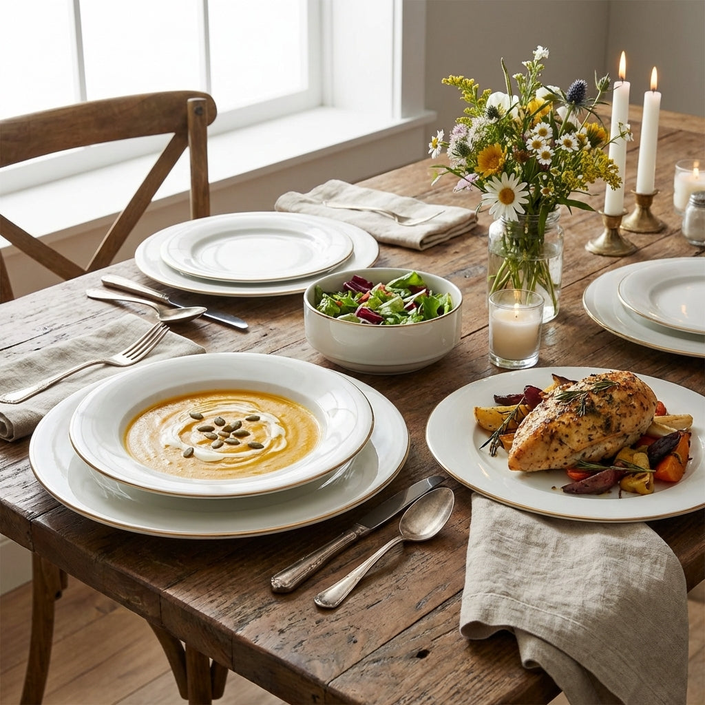 Dining table set with a meal including soup, salad, and roasted chicken, with a vase of flowers and candles in the background.