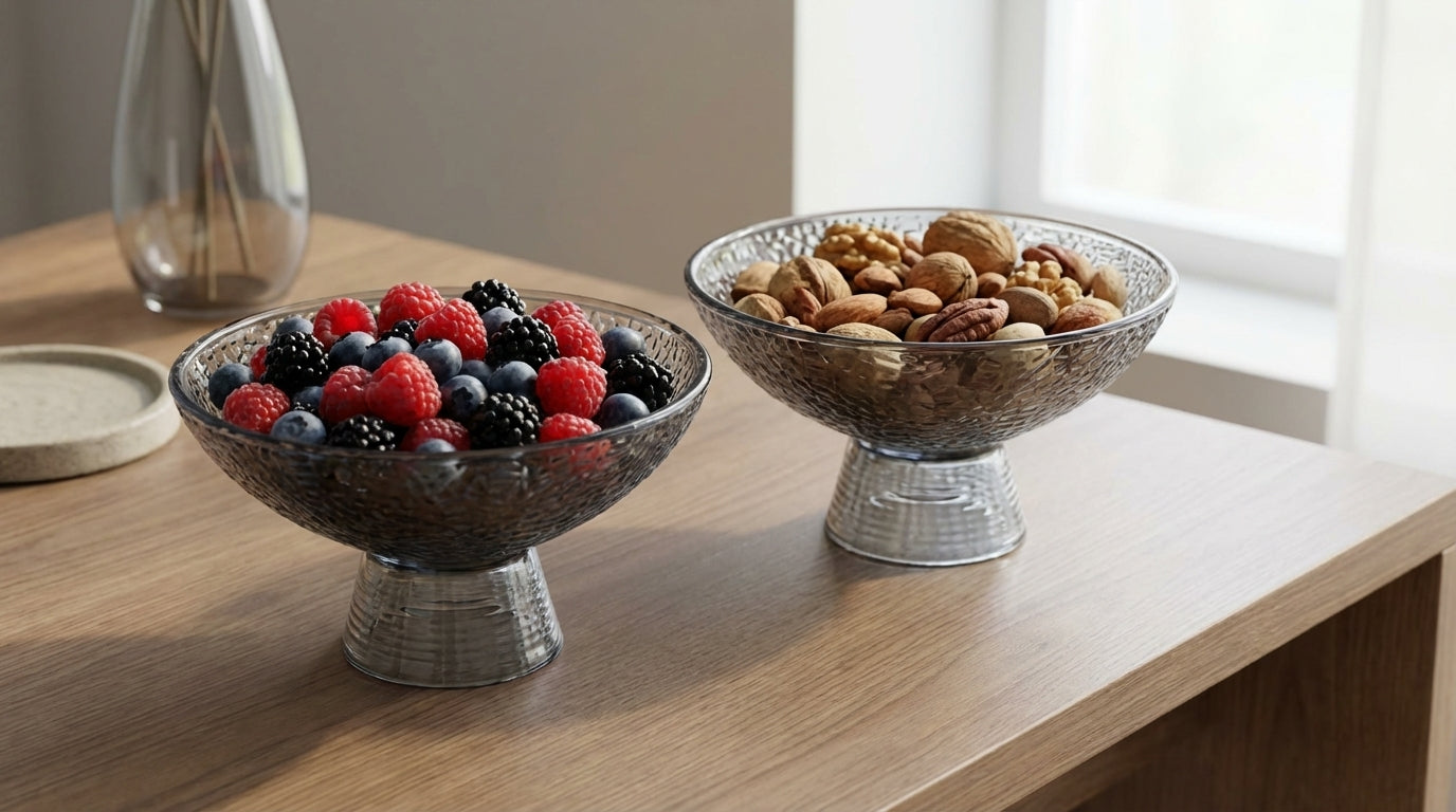 Two decorative bowls on a wooden surface, one with berries and the other with nuts.