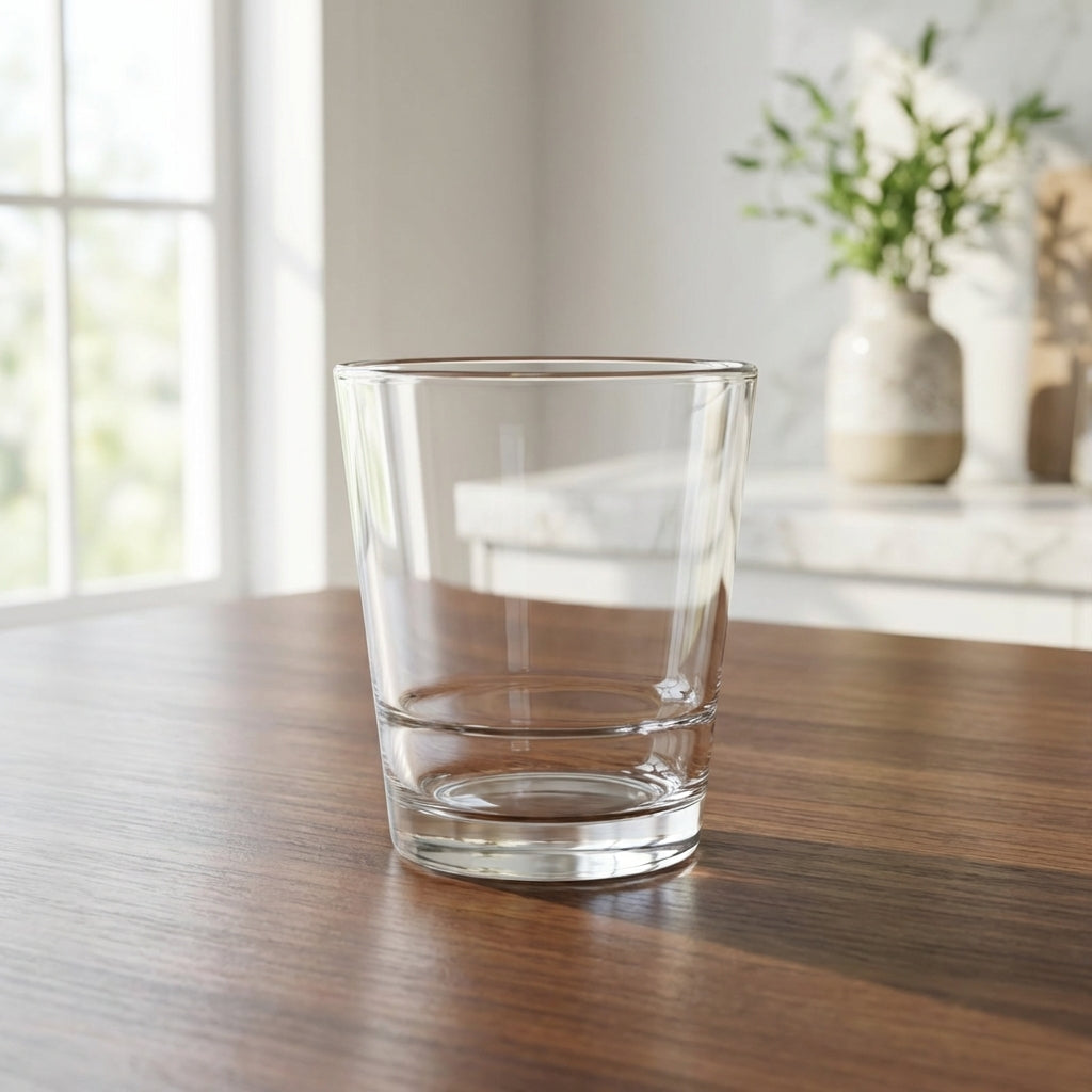 Clear glass on a wooden table with a blurred background