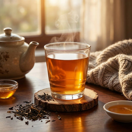 Steaming glass of tea on a wooden coaster with a teapot and tea leaves on a wooden table.