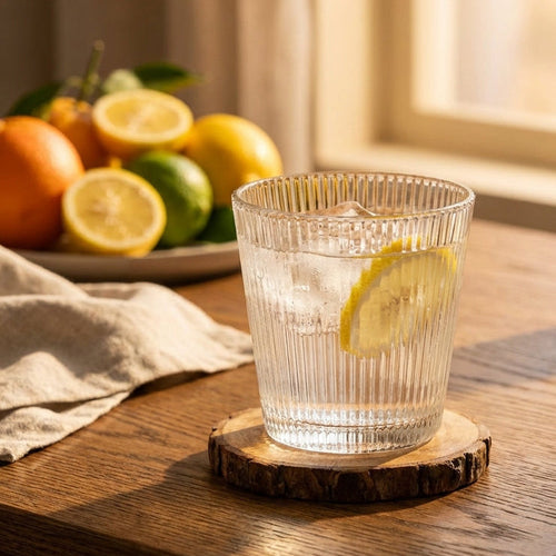 Clear glass with lemon slice on a wooden coaster on a table with fruits and a plant in the background.