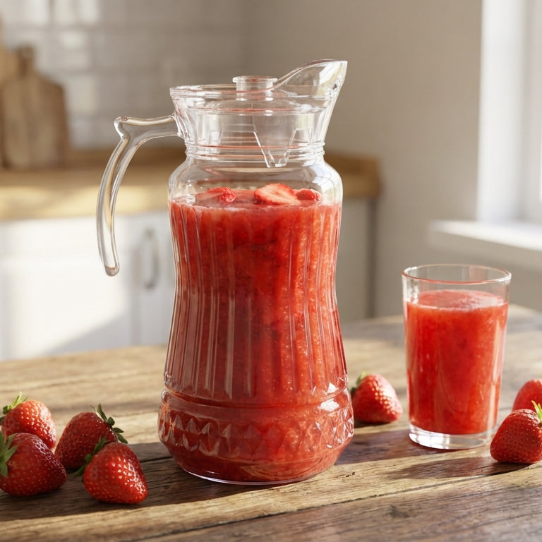 Pitcher and glass of strawberry juice on a wooden table with strawberries in a kitchen setting