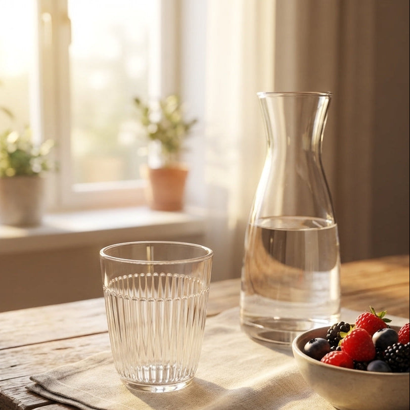 Clear glass carafe and tumbler on a wooden table with a bowl of berries and a window in the background.
