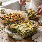 Clear glass baking dishes on a wooden table, including a large rectangular dish filled with lasagna and a smaller square dish with roasted vegetables, while hands serve food from one of the dishes.