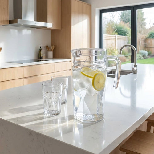Modern kitchen with a pitcher of water and lemon on a countertop