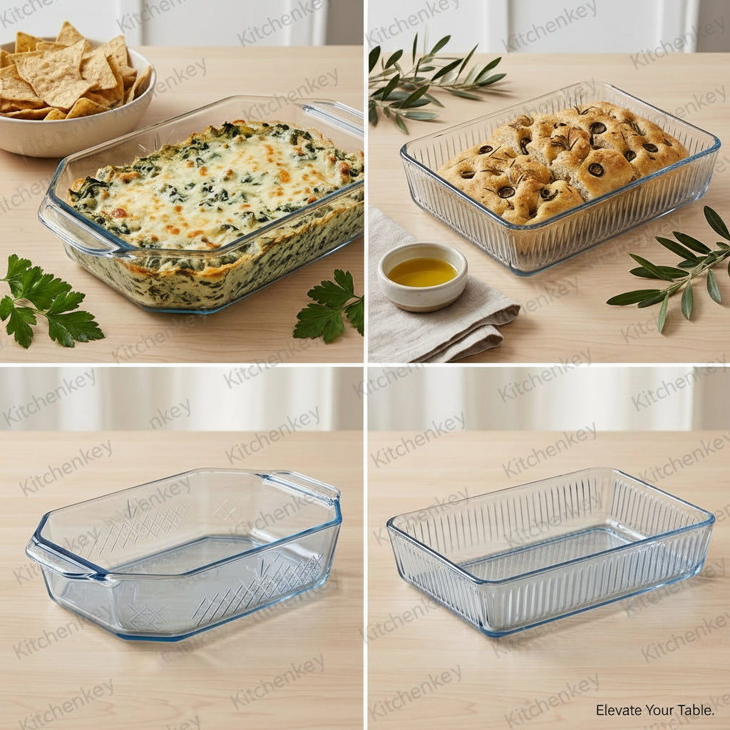 A 2x2 collage showing a clear ribbed rectangular glass baking dish in different use cases: filled with spinach dip, topped with stuffed bread, empty, and shown empty on a light wood tabletop. The product itself is transparent blue-tinted glass.