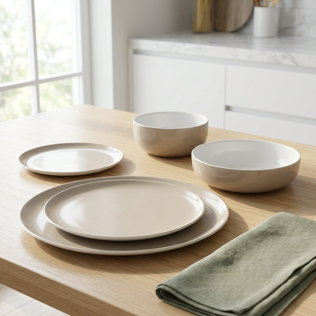 Set of beige ceramic plates and bowls on a wooden table with a green napkin.