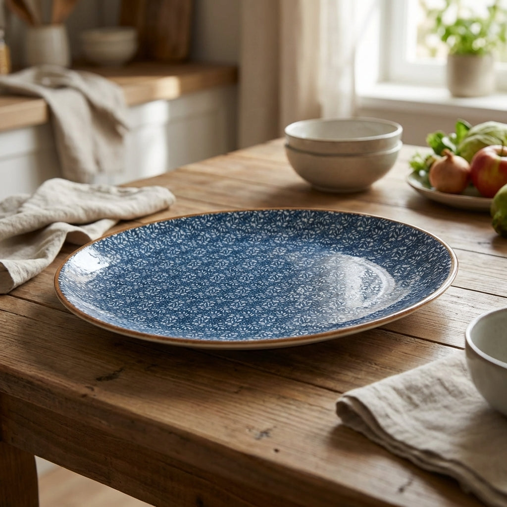 Blue speckled ceramic plate on a wooden table with bowls and apples in the background.