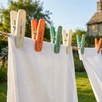 White towels hanging on a clothesline with colorful clips in a garden setting.