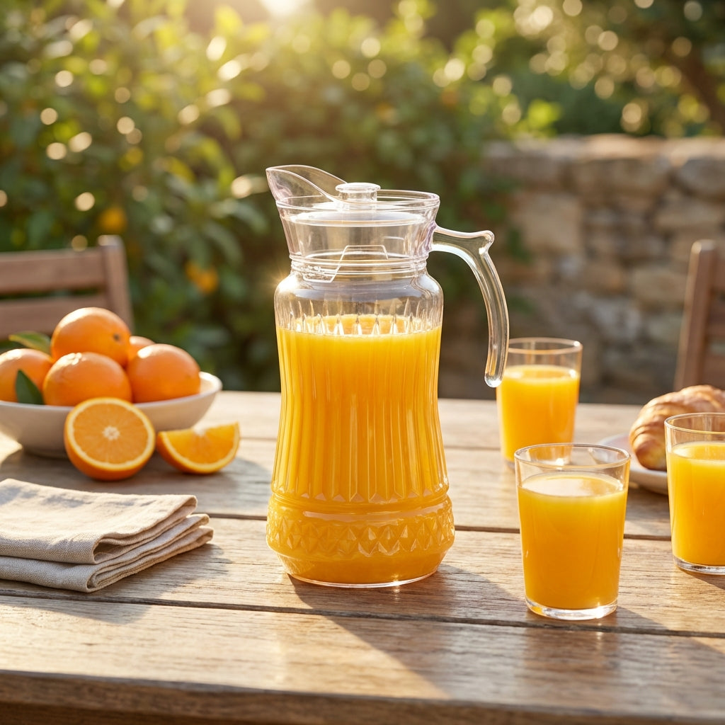 Clear glass pitcher filled with orange juice on a wooden table with oranges and glasses in the background.
