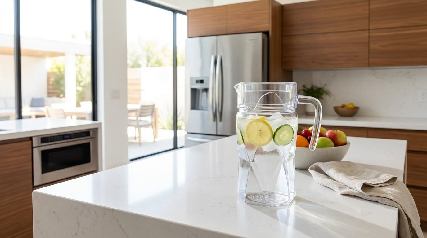 Kitchen counter with a pitcher of water and fruit, modern appliances, and a bowl of apples.