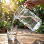 Clear glass pitcher being poured into a glass on a wooden table with a blurred green outdoor background