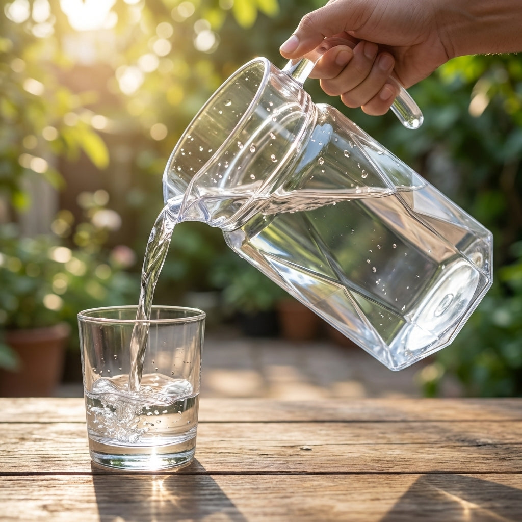 Clear glass pitcher being poured into a glass on a wooden table with a blurred green outdoor background