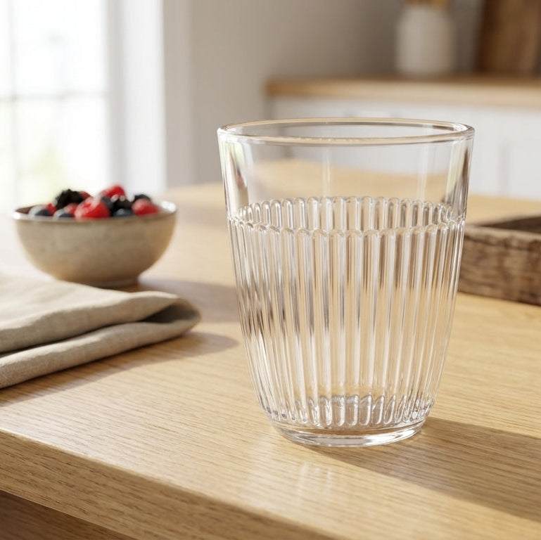 Clear glass on a wooden table with a bowl of berries and a bottle in the background
