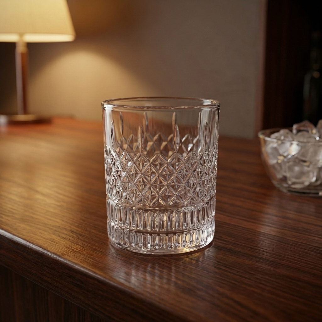 Crystal glass on a wooden surface with a blurred background