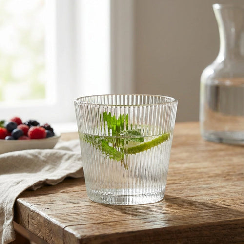 Clear glass with water and mint leaves on a wooden table, with a blurred background of fruits and a carafe.